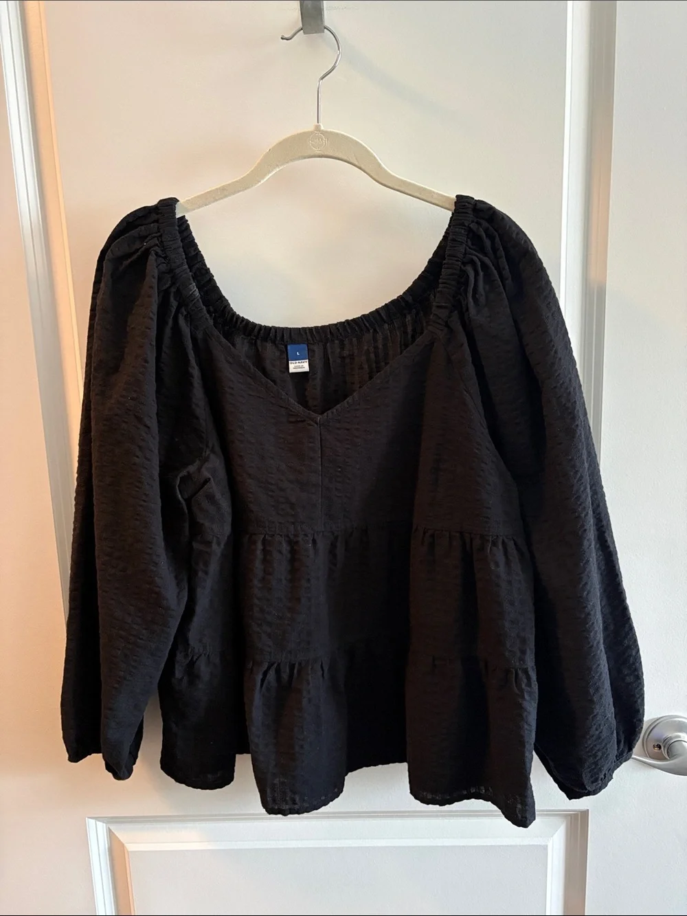 Old Navy Black Peasant Blouse with Puff Sleeves